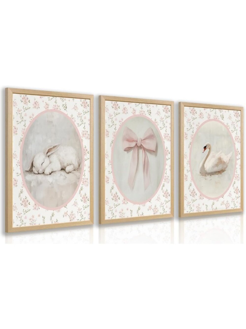 Pink Nursery Wall Art Set of 3 - Cute Animal Prints, Vintage Floral Decor for